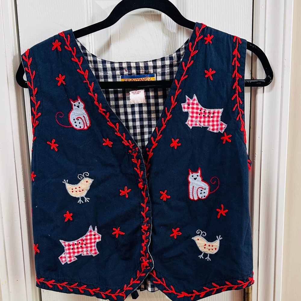 Bryn Connelly Navy Embroidered Animal Vest NOTE: missing a button (mix26)